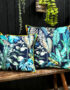 Love Frankie rainforest velvet cushion with yellow piping