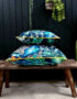 Love Frankie rainforest velvet cushion with yellow piping