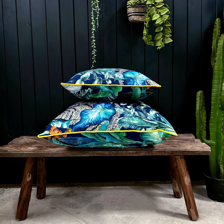 Love Frankie rainforest velvet cushion with yellow piping
