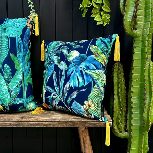 Love Frankie rainforest velvet cushion with yellow tassels