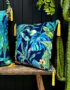 Love Frankie rainforest velvet cushion with yellow tassels