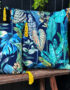 Love Frankie rainforest velvet cushion with yellow tassels