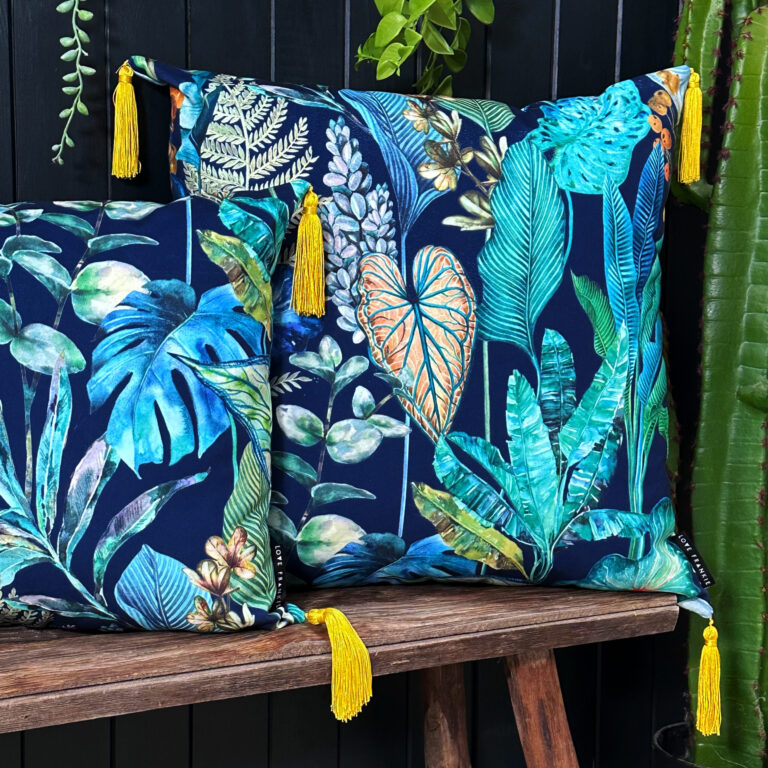 Love Frankie rainforest velvet cushion with yellow tassels