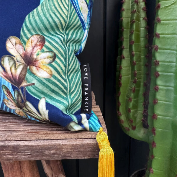 Love Frankie rainforest velvet cushion with yellow tassels