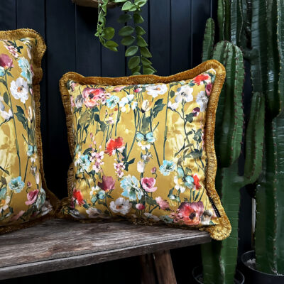 Hazy Meadow Cushion In Honey with Gold Fringe - Medium