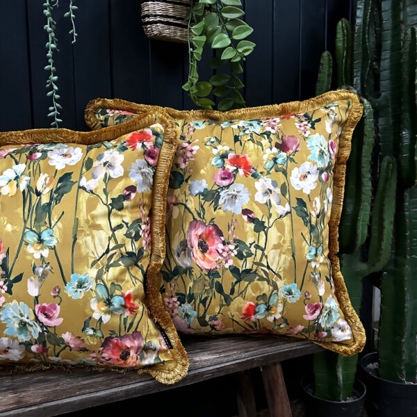 Hazy Meadow Cushions In Honey with Gold Fringe