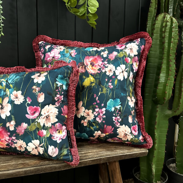 Hazy Meadow Cushions In Kingfisher with Rose Fringe