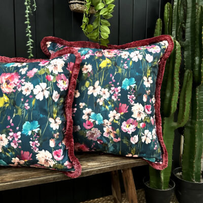 Hazy Meadow Cushion In Kingfisher with Rose Fringe - Large