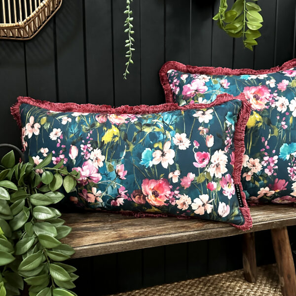Hazy Meadow Cushion In Kingfisher with Rose Fringe - Bolster