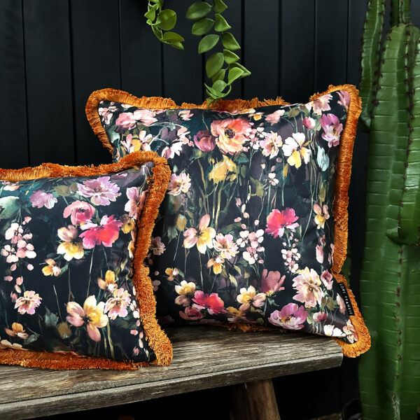 Hazy Meadow Cushions In Plum Pudding with Pumpkin Fringe