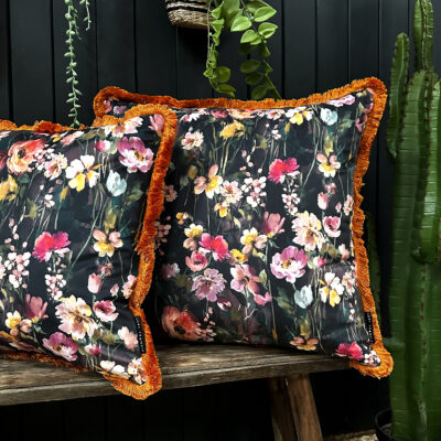 Hazy Meadow Cushion In Plum Pudding with Pumpkin Fringe - Large
