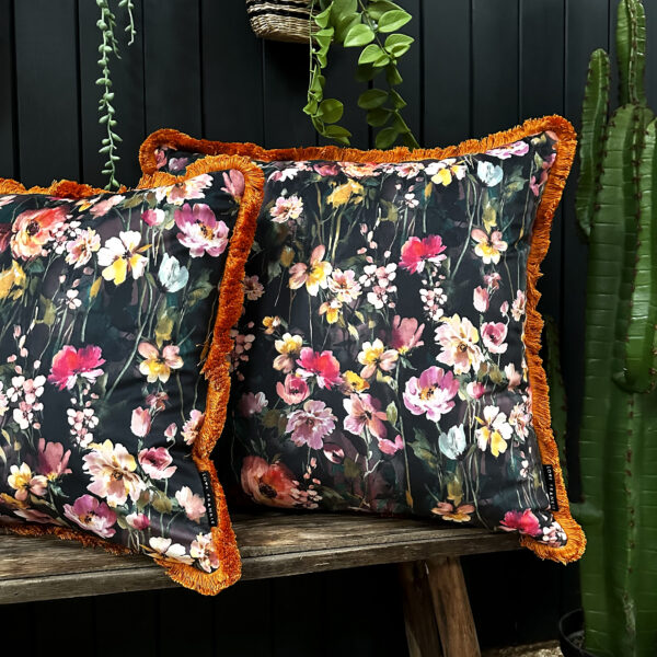 Hazy Meadow Cushion In Plum Pudding with Pumpkin Fringe - Large