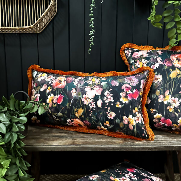 Hazy Meadow Cushion In Plum Pudding with Pumpkin Fringe - Bolster