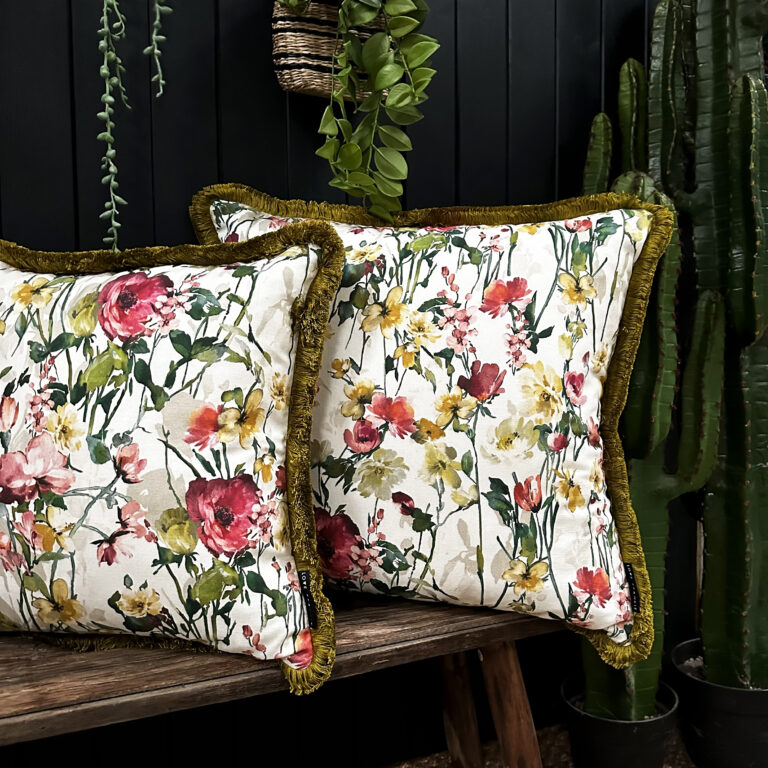 Hazy Meadow Cushion In Salt with Olive Fringe Large Love Frankie