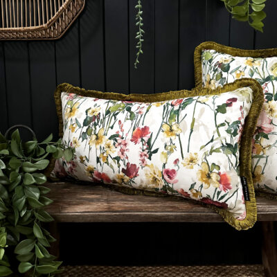 Hazy Meadow Cushion In Salt with Olive Fringe - Bolster