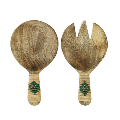 Mango Wooden Salad Set with Decorative Green Handles