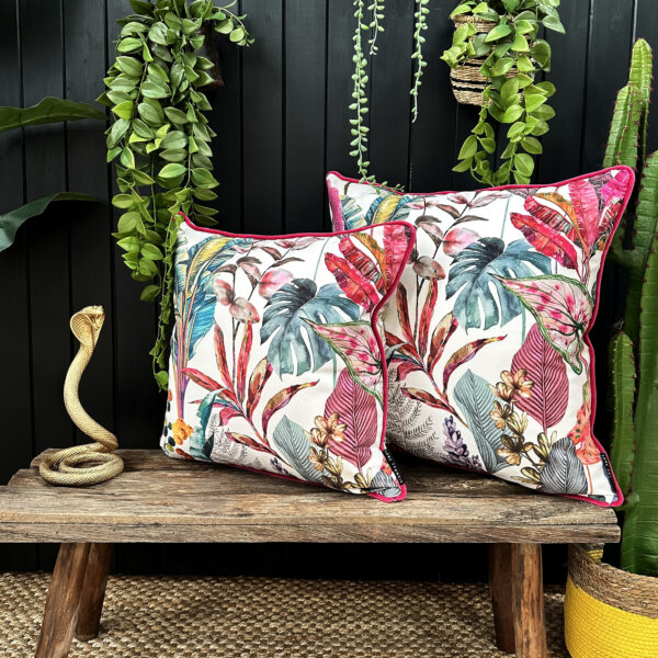 love Frankie ice jungle velvet cushion with raspberry piping