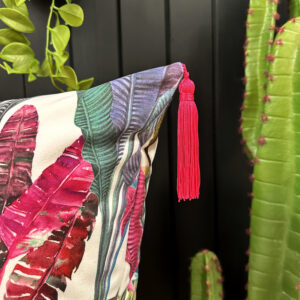 love Frankie ice jungle velvet cushion with raspberry tassels