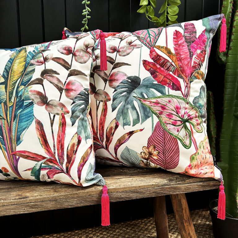 love Frankie ice jungle velvet cushion with raspberry tassels
