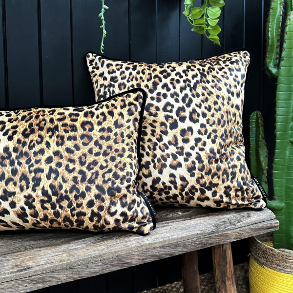 love Frankie luxe leopard velvet cushion with black piping
