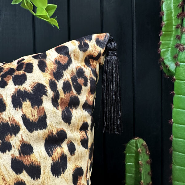 love Frankie luxe leopard velvet cushion with black tassels
