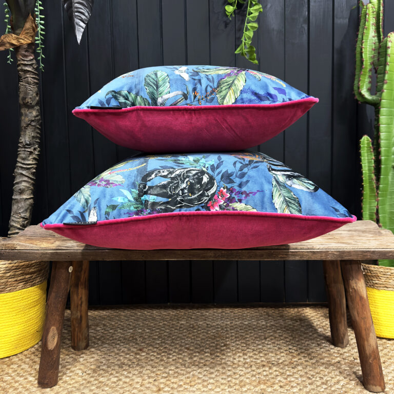 love frankie smoke deadly night shade cushion with raspberry piping