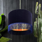 love frankie indigo velvet lampshade with copper lining and fringing