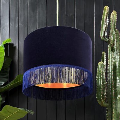 love frankie indigo velvet lampshade with copper lining and fringing