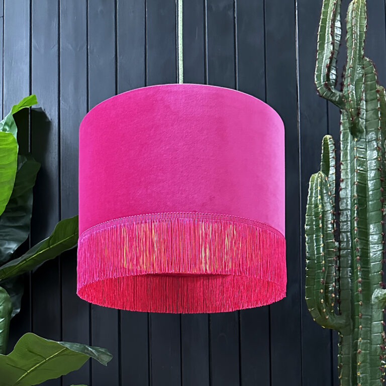 Raspberry Velvet Lampshade With Copper Foil Lining and Fringing