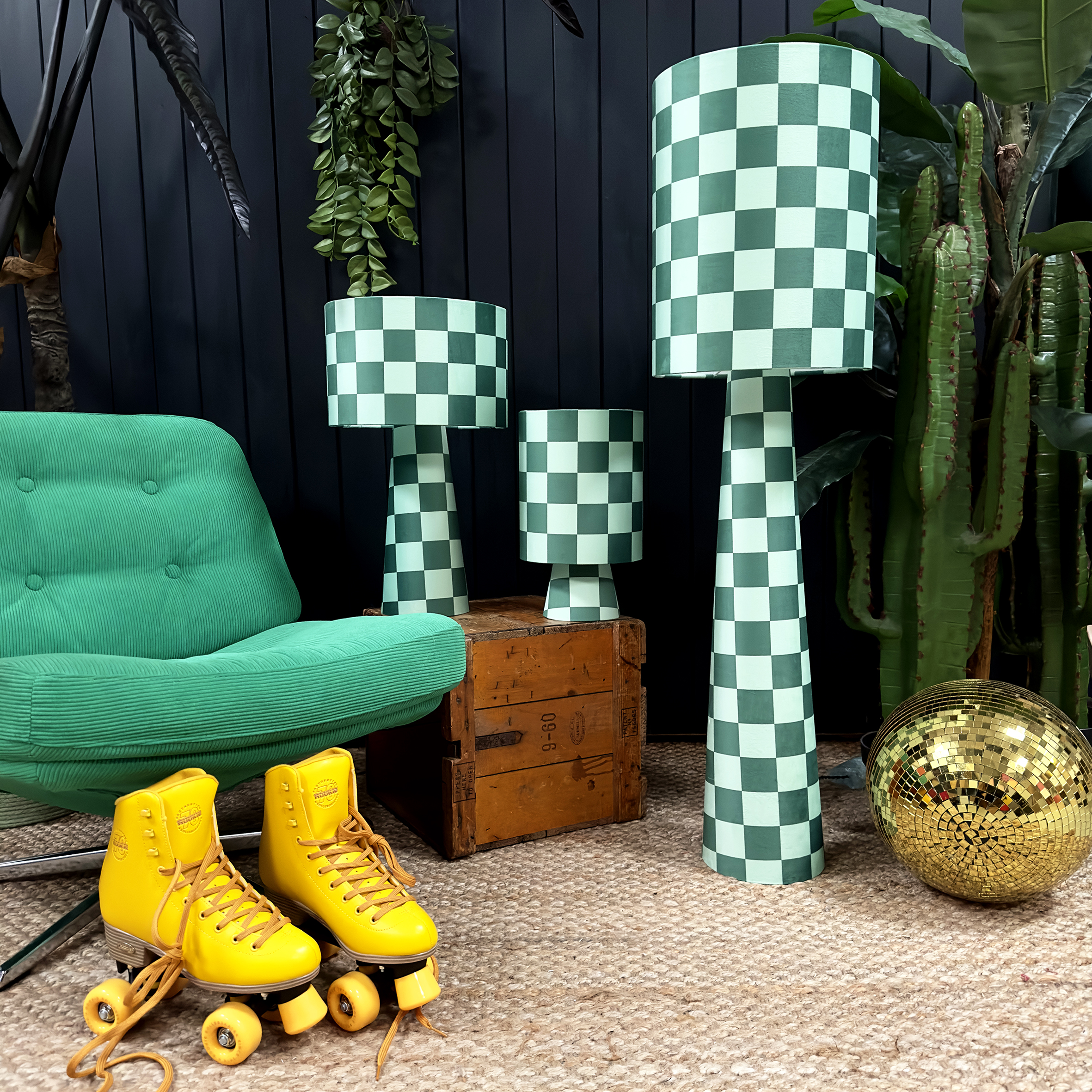 Handmade Checkerboard Velvet lamps in Apple Sours. Green checkerboard lamps. 3 Sizes Available