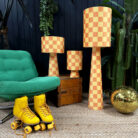 Handmade Checkerboard Velvet lamps in Marmalade. Yellow and Orange checkerboard lamps. 3 Sizes Available