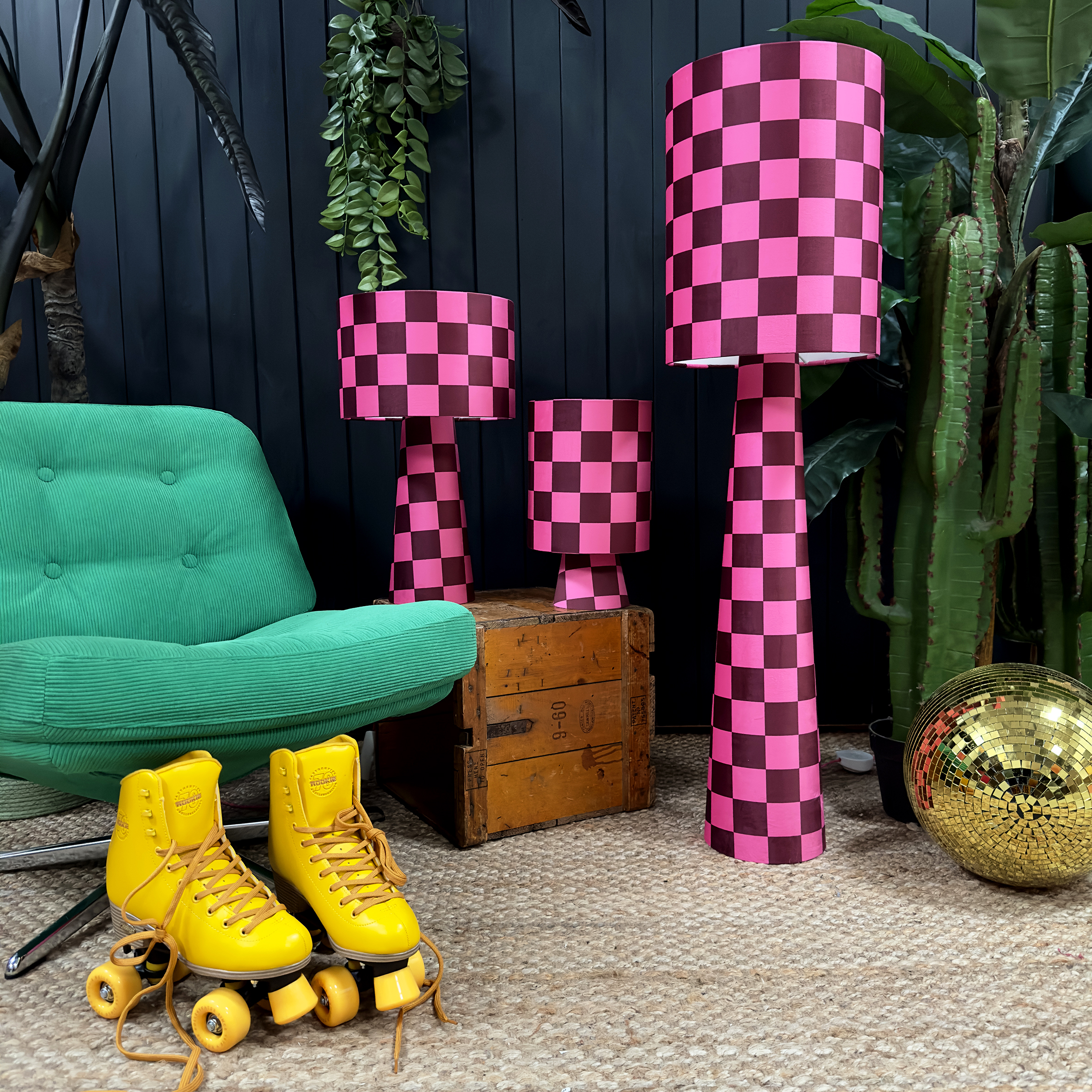 Handmade Checkerboard Velvet lamps in Raspberry Ripple. Red and Pink checkerboard lamps. 3 Sizes Available