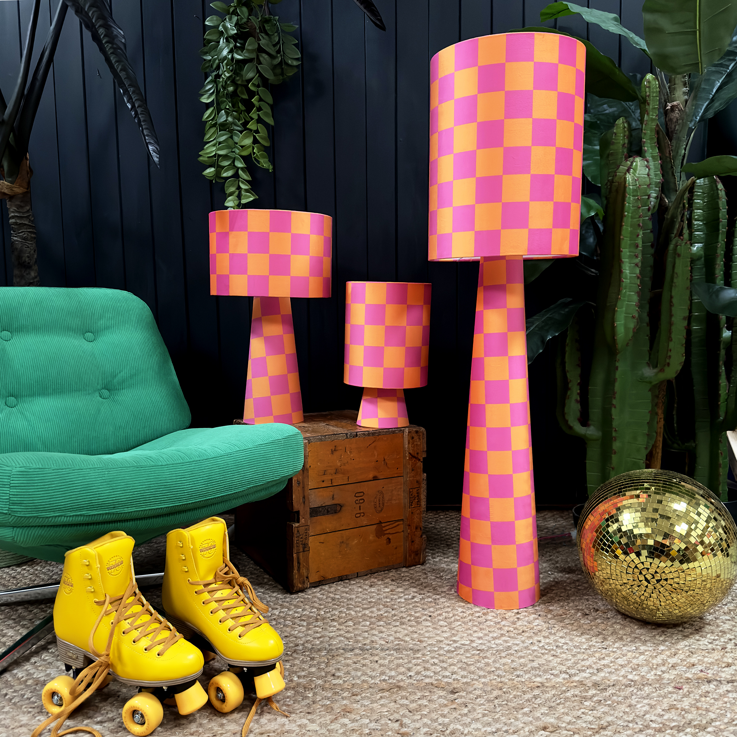 Handmade Checkerboard Velvet lamps in Tutti Frutti . Orange and Pink Checkerboard Lamps. Available in 3 sizes
