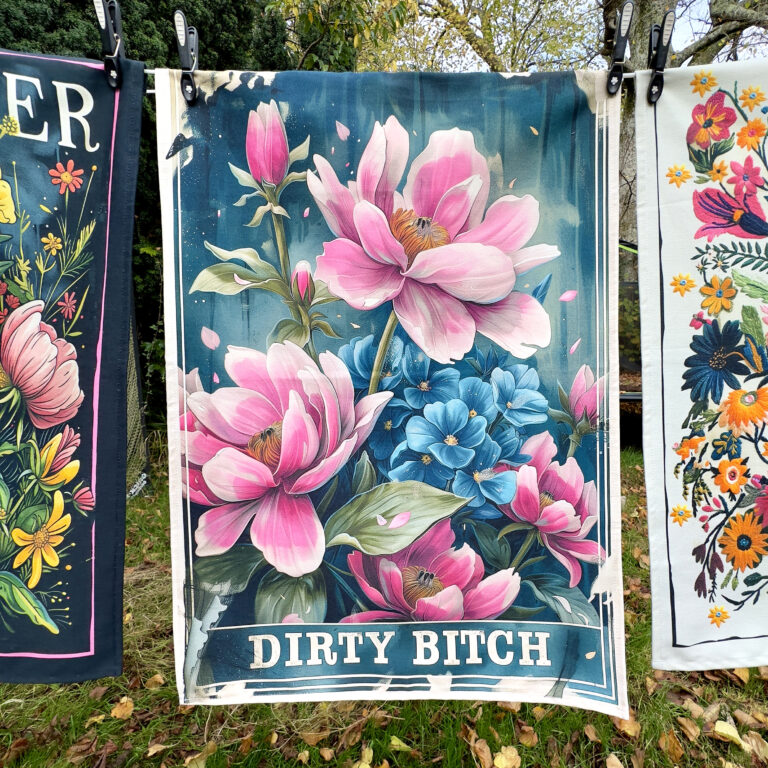 Love Frankie Cheeky Floral Tea Towels - "Dirty Bitch" Designed by Love Frankie and Printed in the UK