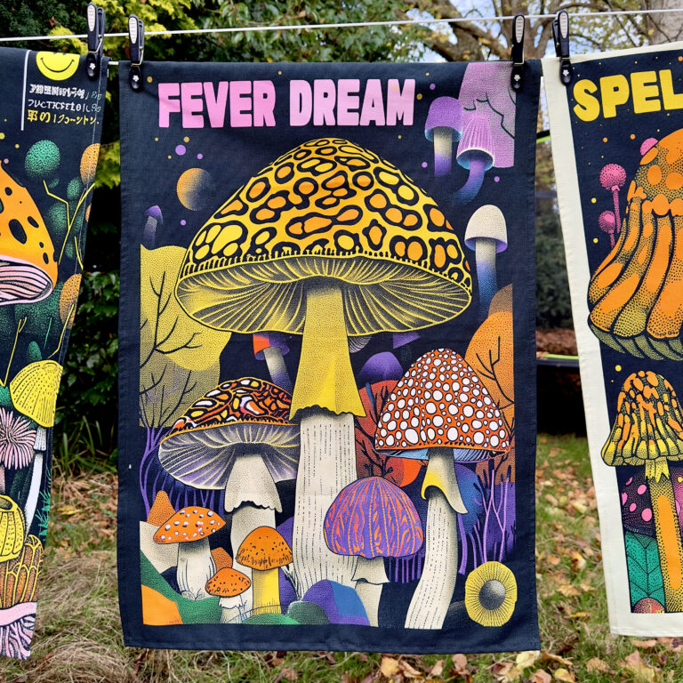 Love Frankie Trippy Magic Mushroom Tea Towels - "Fever Dream" Designed by Love Frankie and Printed in the UK