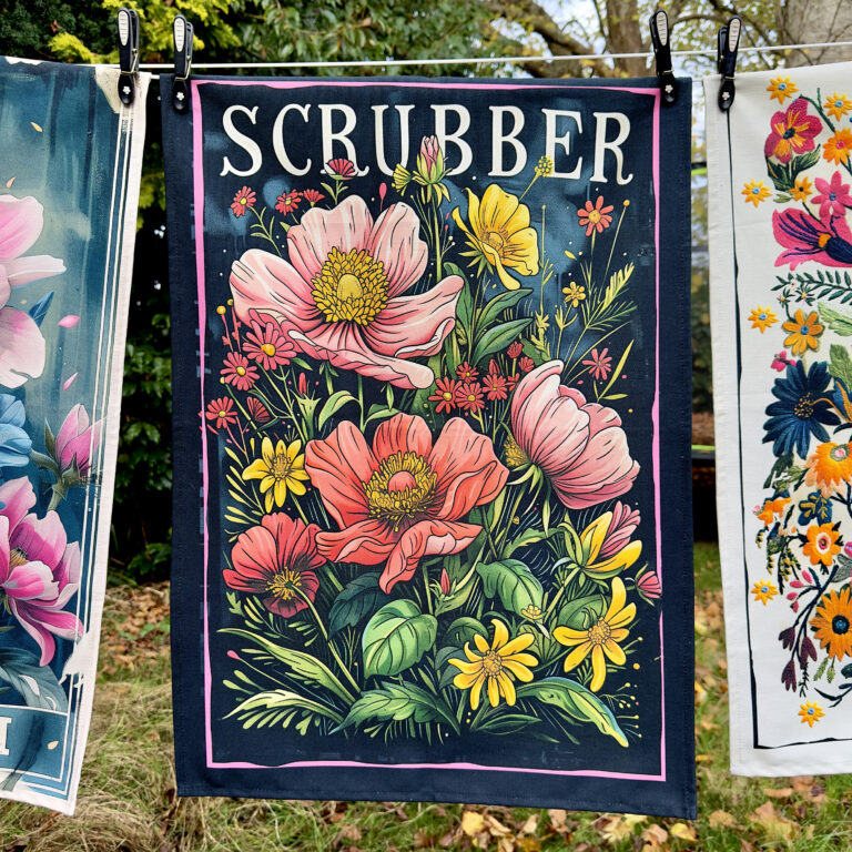 Love Frankie Cheeky Floral Tea Towels - "Scrubber" Designed by Love Frankie and Printed in the UK