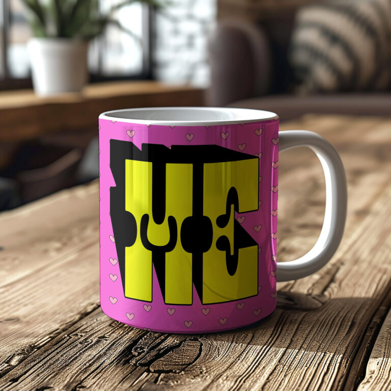 Love Me! Pink and Orange Typography mug. Designed by Love Frankie and printed in the UK.