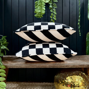 Liquorice Black and White Reversible Checkmate Checkerboard & Helter Skelter Stripe Cushions