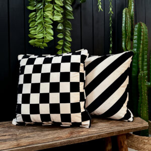 Liquorice Black and White Reversible Checkmate Checkerboard & Helter Skelter Stripe Cushions