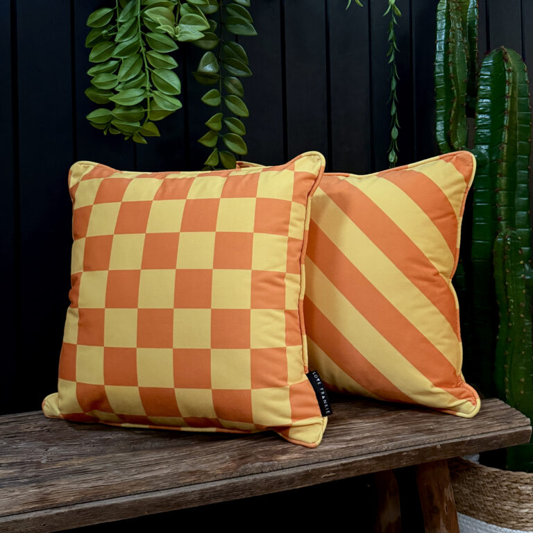 Marmalade Yellow & Orange Reversible Checkmate Checkerboard & Helter Skelter Stripe Cushions
