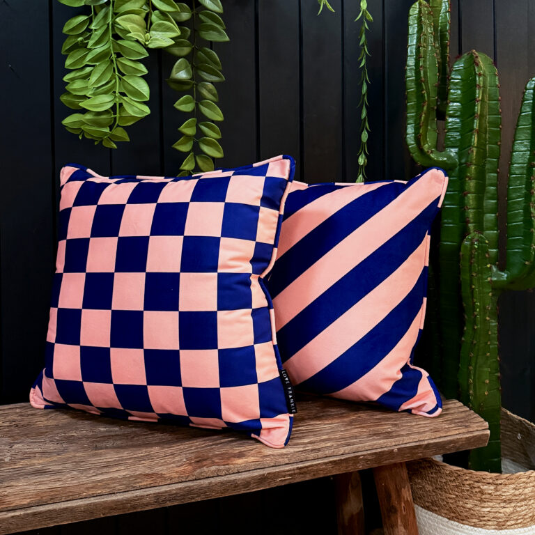 Peach Fuzz Peach and Blue Reversible Reversible Checkmate Checkerboard & Helter Skelter Stripe Cushions