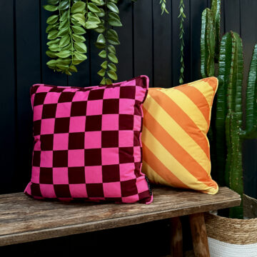 Raspberry Ripple Pink Reversible Checkmate Checkerboard & Helter Skelter Stripe Cushions