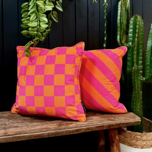 Tutti Frutti Pink and orange Reversible Checkmate Checkerboard & Helter Skelter Stripe Cushions