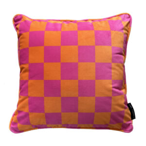 love frankie Pink and Orange Reversible Checkmate Checkerboard & Helter Skelter Stripe Cushions - Cut Out
