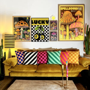 Reversible Checkmate Checkerboard & Helter Skelter Stripe Cushions. 6 colours available