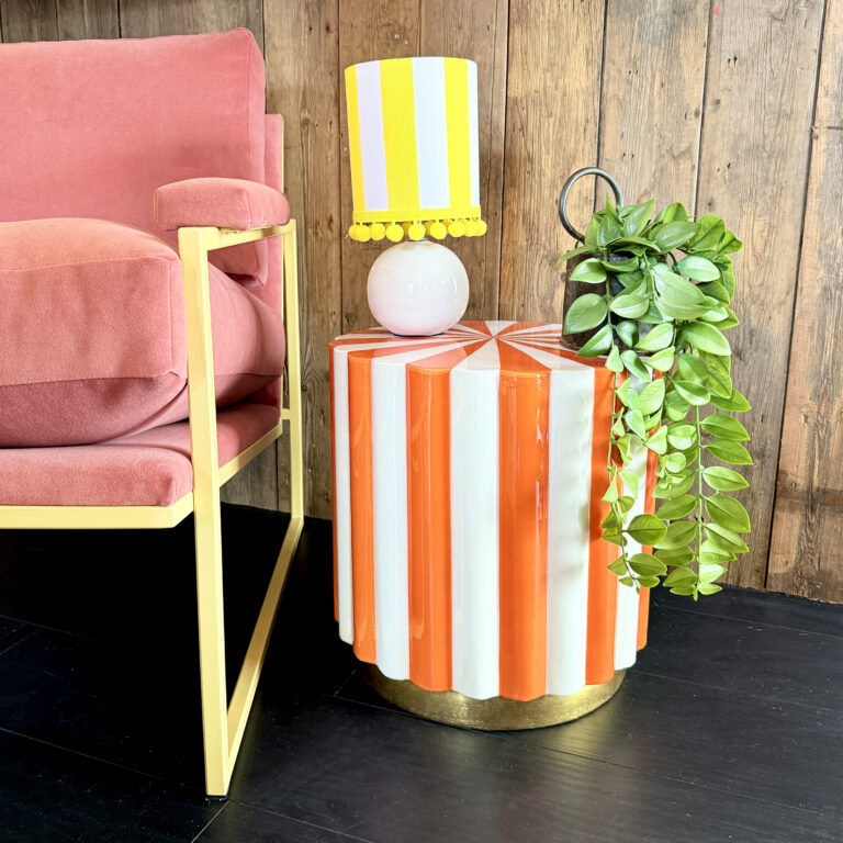 Candy Stripe Side Table or Stool in Tangerine Orange and White