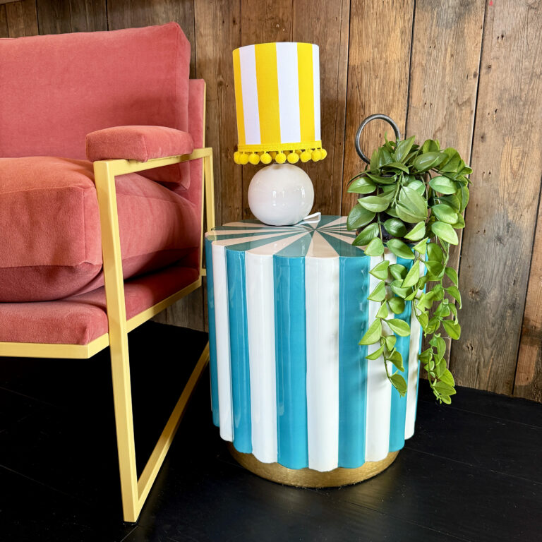Candy Stripe Side Table or Stool in Turquoise Blue and White