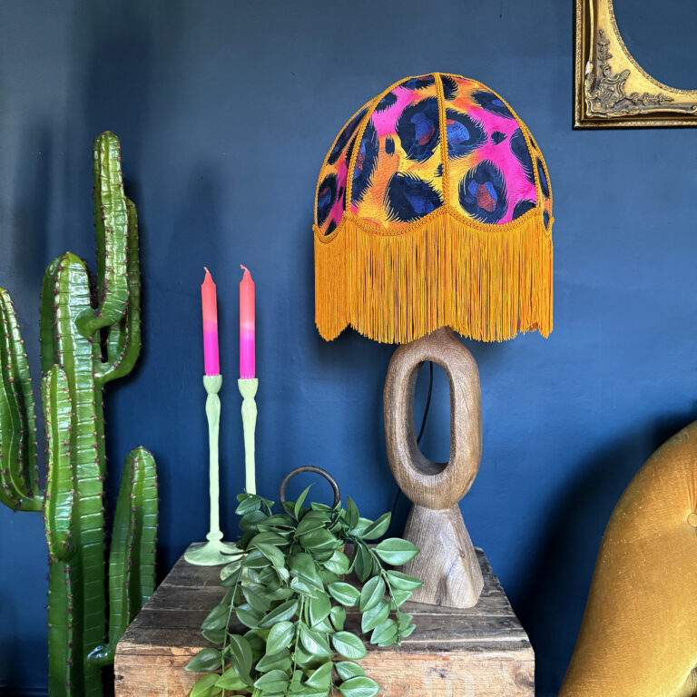 Sadie – Fringed Velvet Lampshade in Electric Leopard Print | Handmade Soft Shade | Vintage Tasselled Lighting | Ceiling or Table Lamp