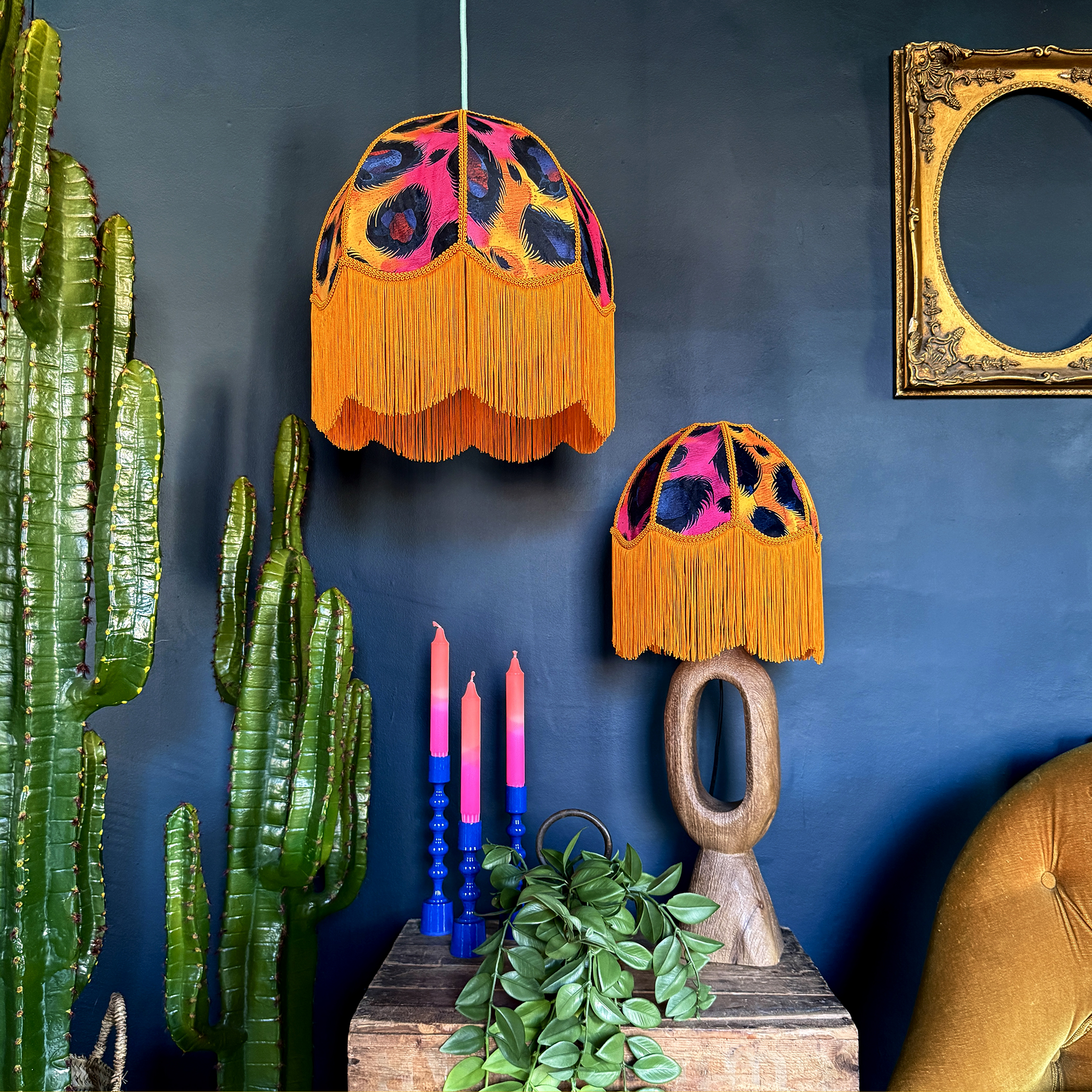 Sadie – Fringed Velvet Lampshade in Electric Leopard Print | Handmade Soft Shade | Vintage Tasselled Lighting | Ceiling or Table Lamp